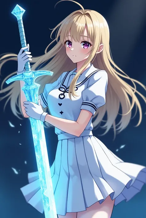 Night，blonde long hair anime girl，White short-sleeved school uniform，White pleated skirt，White gloves，white pantyhose，Holding the ice sword in the right hand