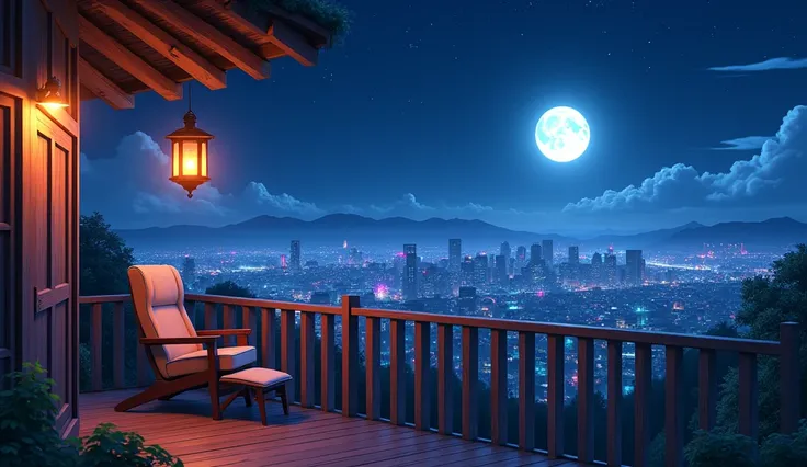 best quality, 4k, 8k, anime style, view from above, balcony at the top of a building, made of varnished wood, cozy, with armchair, low light, hanging candle lantern, background with buildings with colorful LED lights, full moon bright in the sky, bright st...