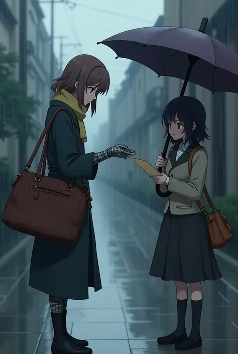 anime、Violet Evergarden、Delivering the letter and heading home。Violet has a large leather bag and an umbrella.。Hand is a machine。Handing a letter to a woman。The woman is crying and holding the letter。