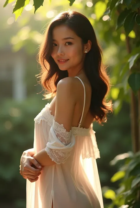 A sweetly smiling Thai woman wearing a sexy, light, white nightgown stands in a backyard with sunlight shining from behind, through the dress, revealing her figure.