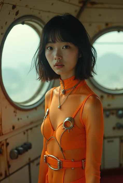 Cute Japanese Idol、Doesn&#39;t look like Korean、There are no Korean characteristics、photograph、Actual item、Cinematic Light、Lomography 、Film Camera、A 20-year-old with a childlike face、Wearing a futuristic sheer orange spaceship leotard、Various silver detail...