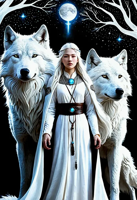 白い狼のGuardian spirit、White wolf and woman、Wolf protecting women、Pale and beautiful aura、Guardian spirit