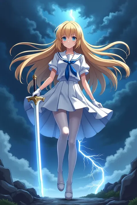 Night，blonde long hair anime girl，White short-sleeved school uniform，White pleated skirt，White gloves，white pantyhose，Holding the Storm Sword in the right hand