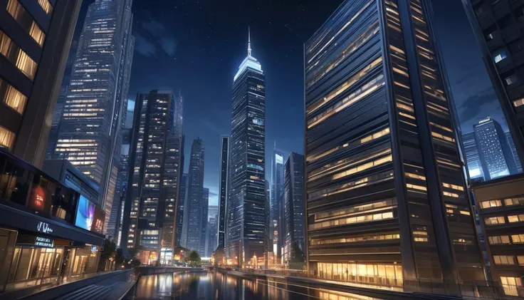 high resolution,high definition,high quality,landscape,realistic,tall buildings,look up　night