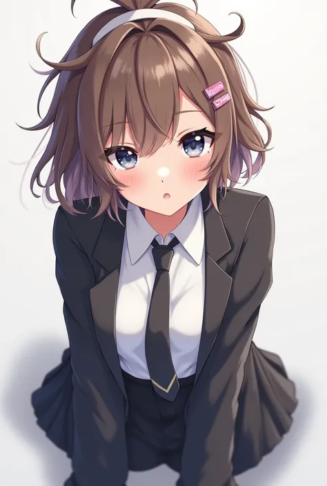 An anime girl that has brown hair and dark blue eyes. Her hair is kinda messy, and short, and it is tied up with a white ribbon, her bangs is slightly covering her left eye and wears pink hairclips. She wears a white long sleeves shirt, with a black blazer...