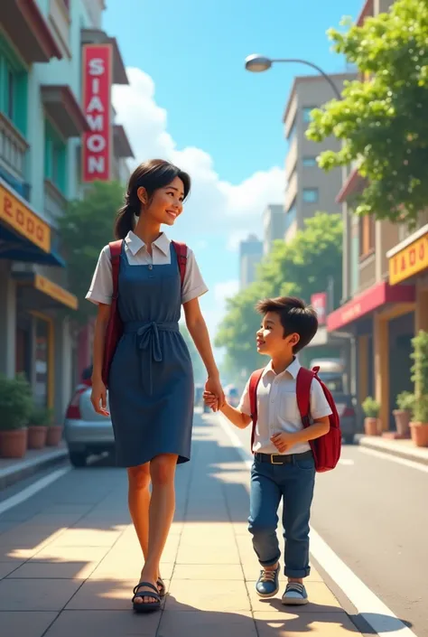 (photorealism:1.2),A Thai woman, 30 years old, wearing a work dress, sends a  boy, wearing a white school uniform and blue pants, to school. 
