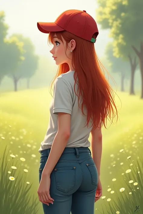 imagine a girl with red cap and white shirt turning backside with jeans wrapped around her waist and arms open