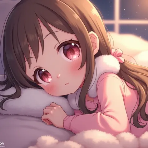 Chibi Character,girl,High image quality,8k,Out of focus,cute,long,Brown Hair,Pink eyes,Pink loungewear,Fluffy atmosphere,Lying down,There&#39;s a beautiful night view behind me