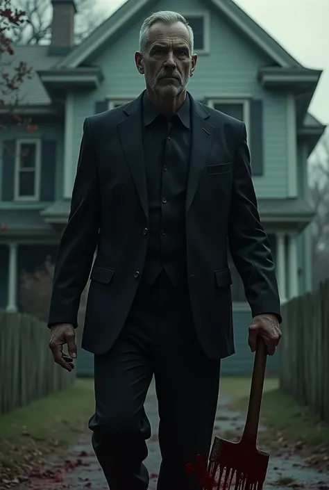 Man in black suit holding a blood stained axe in the background of a house