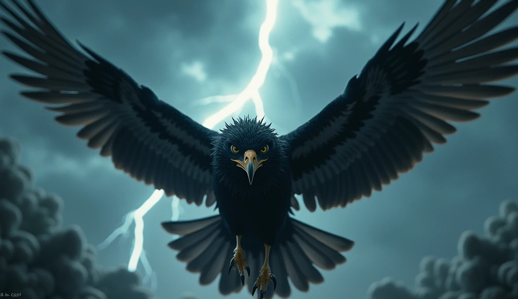 A detailed close-up of the birds wings in motion, capturing the strength and beauty of its flight against the storm.