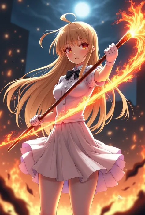 Night，blonde long hair anime girl，White short-sleeved school uniform，White pleated skirt，White gloves，white pantyhose，Holding the flaming sickle in the right hand