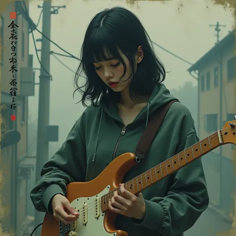 Depressed Japanese girl 20 years with electric guitar

Album cover J-rock style with text "ンガランナ マヌサ"