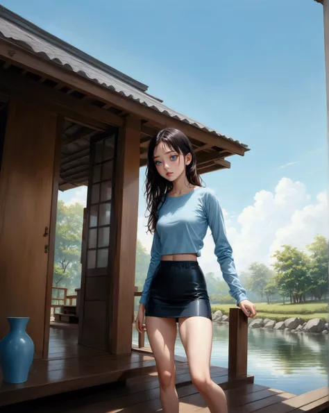 realistic anime illustration of adorable teenage girl at her house, she is in black long hair, wears light pastel blue long sleeve t-shirt, dark-blue pencil mini skirt, (1girl, solo, full body), (masterpiece, best quality, japanese anime style), (expressiv...