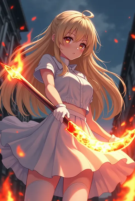 Night，blonde long hair anime girl，White short-sleeved school uniform，White pleated skirt，White gloves，white pantyhose，Holding the flaming sickle in the right hand