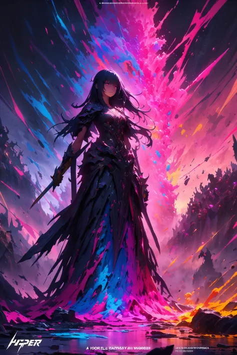 A lone girl teenager in a tattered , wielding a glowing katana against a horde of spectral warriors. Cherry blossoms swirl around them, casting a pink hue on the battlefield. Abstract brushstrokes depict the chaos of the fight, fantasy world, dark backgrou...