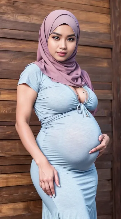 RAW, Best quality, high resolution, masterpiece: 1.3), beautiful Malay woman in hijab (iu:0.8)1beautiful  Malay woman wear Muslim clothing for 9 months pregnant, soft big breast, slit dress, realistic photography, detailed curvey, adorable face, beautiful ...