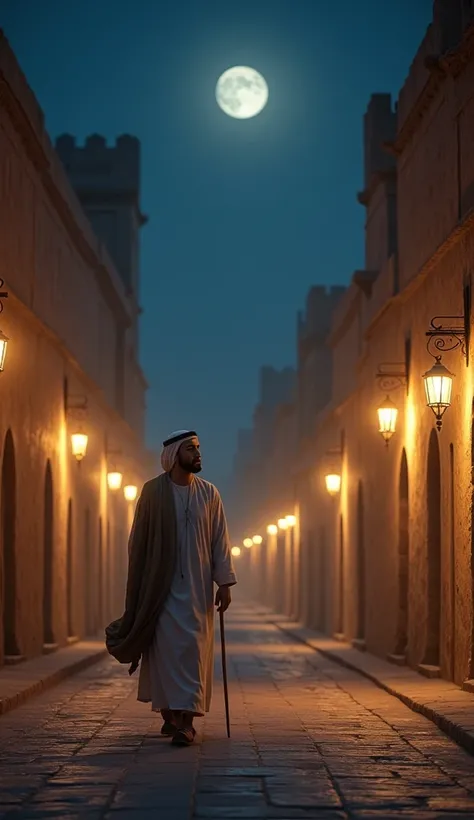 Hazrat Umar (R.A.) walking alone through a quiet street in Madinah at night. The street is dimly lit by lanterns, and he’s shown in a simple robe, holding a walking staff, with a thoughtful expression on his face. The background shows traditional Arabian h...