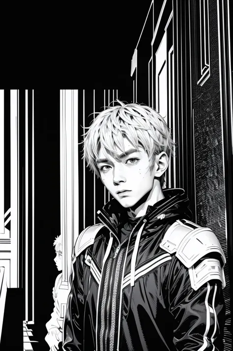 comics、Black and White、Anime boy protagonist in futuristic clothing、Gray Hair、Cyberpunk Anime Boy, Mecha Cyber Armor Boy、