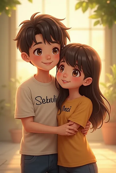 Couples with Sebuhi and İnci written on their shirts embrace, boy short, girl tall