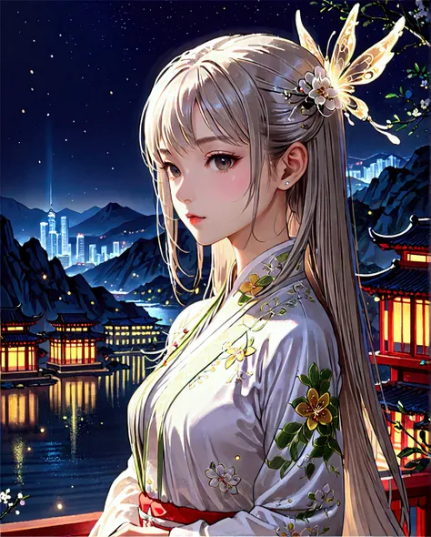 best quality, masterpiece, highres,, 1girl, Detailed face, (Upper body:1.6), Cyber cities, mountains and rivers, night, firefly lights, Realistic, rich in detail, (White hanfu:1.2), (beautiful body:1.4),