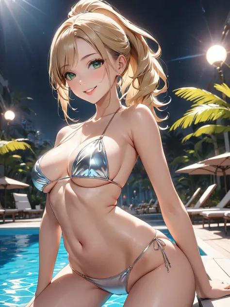 masterpiece, best quality, very aesthetic, 1girl, JK,  tareme:, detailed green eyes, Long eyelashes, silky blonde hair, hair pulled back, ponytail, half opened mouth, smile,  breasts, short torso:,  arms behind back, Spread kneeling:1.2, Captivating thighs...