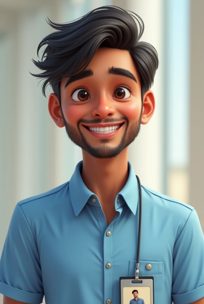 real life Indian 1, college going male teen with round face shape, healthyfigure, very little patchy beard and mid-long silky hair smiling 
with almond skin tone wearing formal sky blue shirt with collar and with identity batch haning in neck