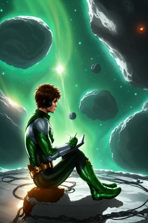 green lantern sitting on a research platform floating in the middle of the asteroid belt.. he studies with a notebook., surround...