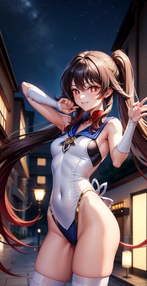 high resolution, HD, best quality, Extremely Detailed, 1 , hu tao, mischievous smile, sexy slim body, uniforme Sailor Moon curto, city at night.