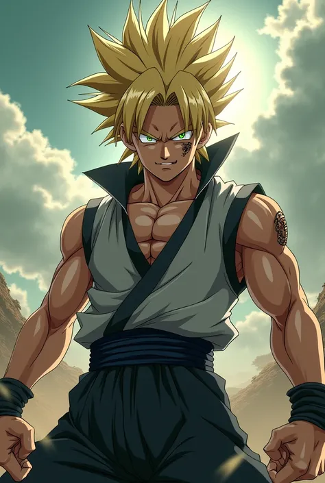 dbsuper style, 
1. Sasuke Uchiha, Aura, waist belt, blonde hair, bruise, bruise on face, clenched hands, scowl, frown, mitts, green eyes, grey mitts, dolorida, male focus, Muscular, muscular man alone, spiky hair, Super Saiyajin, Super Saiyajin 1, upper bo...