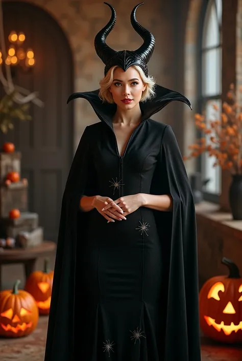 
"A 30-year-old businesswoman with short, wavy blonde hair. She is dressed in an elegant Maleficent-inspired costume, featuring a high-collared black gown with a dramatic, flowing cape and the iconic horned headpiece. The gown has subtle Halloween-themed d...