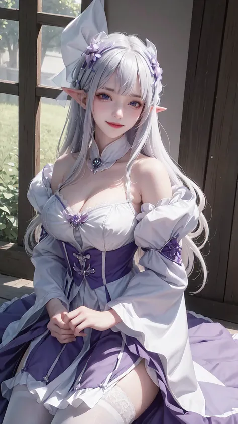 rezeroEmilia, Emilia, Weaving, crown Weaving, flower, hair flower, Hair accessories, hair Ribbon, Long hair, Pointed ears, (Purple Eyes:1.2), White hair, x Hair accessories, rest detached collar, Detachable sleeves, Ruffles袖, Ruffles, Long sleeve, miniskir...