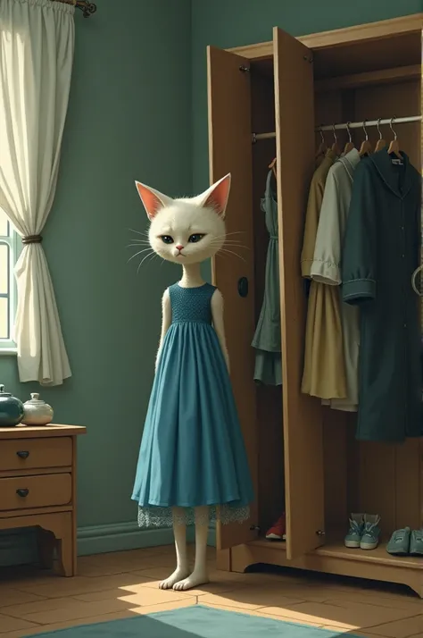 A cat with girl body in blue frock staning in her room infront of cuboard open and she has less clothes in cuboard she see with sad face