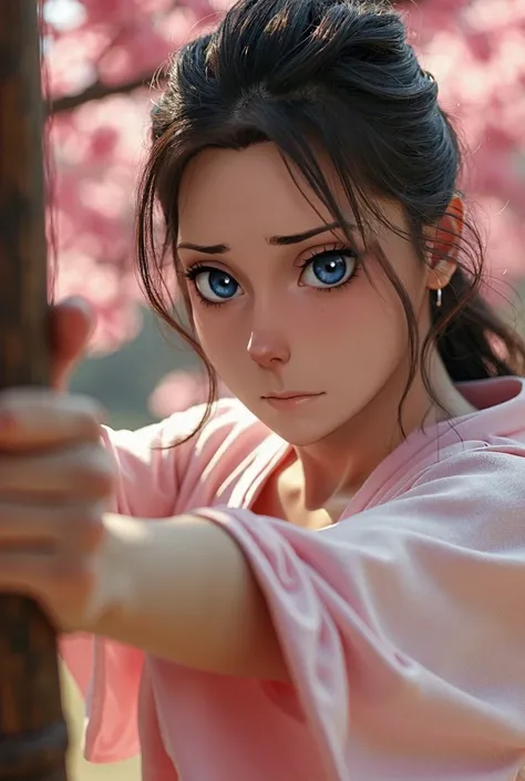 A beautiful woman with detailed eyes, detailed lips, and extremely detailed face, long eyelashes, punching a wooden post, pink sakura flowers in the background, volumetric lighting, photorealistic, 8K, best quality, highly detailed, masterpiece