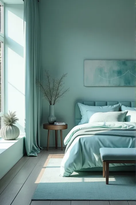 Master bedroom with aqua blue colour and grey wooden flooring with window on left
