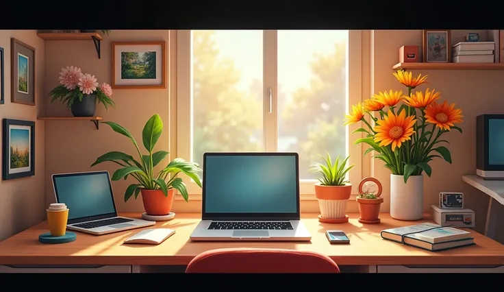 A Room with table laptop, mobile, and background pictures on wall and flowers and looking straight 