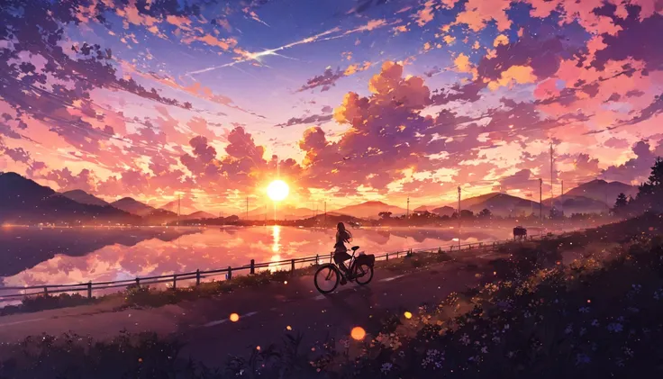 anime girl with bicycle looking at sunset, watching the sun set. anime, style of alena aenami, beautiful anime scene, artistic. alena aenami, anime aesthetic, anime background, anime art wallpaper 4 k, anime art wallpaper 4k, by Alena Aenami, anime beautif...