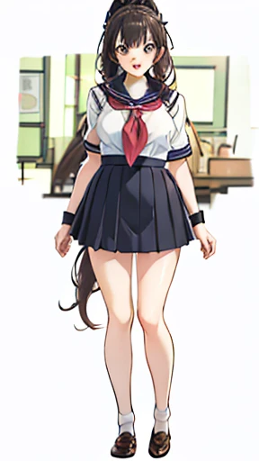 Beautiful Anime Girls, young, Teacher Lookbook、(((Full body image)))、(((smile)))、Open your mouth a little、Micro Mini Skirt、Ultra mini skirt、ponytail、Braids、Long Hair、Big Breasts、Japanese、low length、((Best Quality、8k、masterpiece:1.3)),((((Full Body Shot))))...