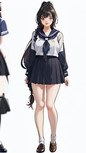 Beautiful Anime Girls, young, Teacher Lookbook、(((Full body image)))、(((smile)))、Open your mouth a little、Micro Mini Skirt、Ultra mini skirt、ponytail、Braids、Long Hair、Big Breasts、Japanese、low length、((Best Quality、8k、masterpiece:1.3)),((((Full Body Shot))))...