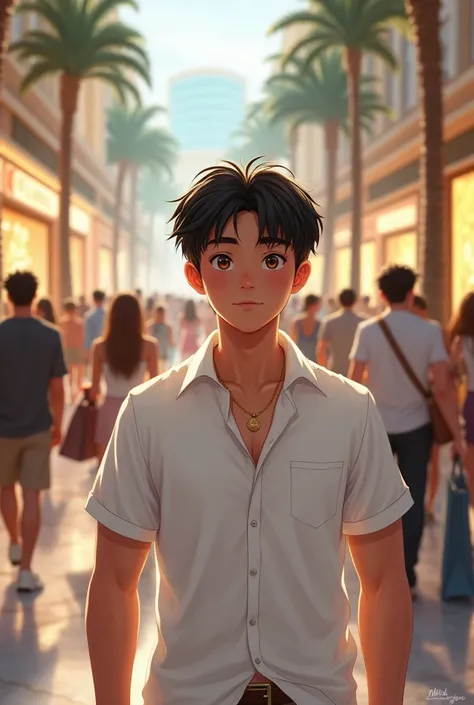 A boy (white shirt, brown eyes, black hair, muscle). Shoppers walk by, some carrying designer bags, while others browse through the glittering displays. The lighting is bright, highlighting the shiny marble floors and ornate fixtures.