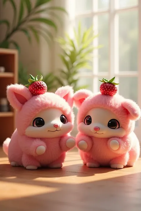 Plush creatures、Big eyes、Pink、Strawberry Hat、Wooden floor、indoor environment