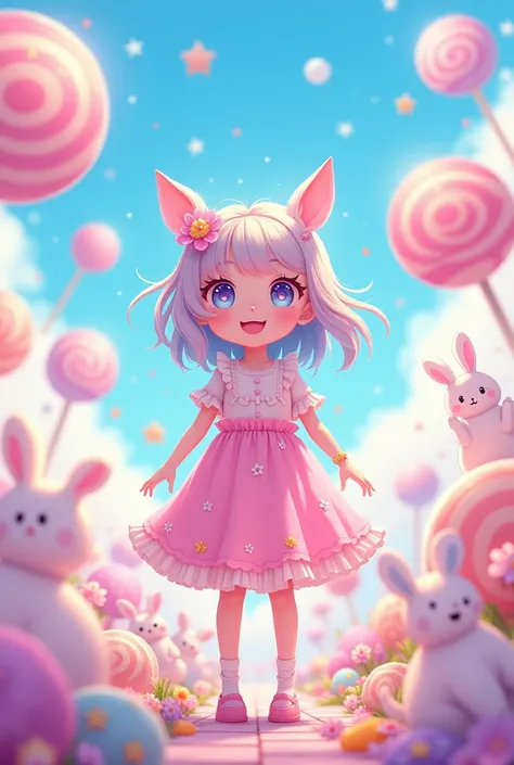 A kawaii girl with pastel-colored hair, wearing a frilly, bubblegum-pink dress adorned with cute animal motifs. She stands in a whimsical, candy-land setting filled with oversized lollipops and fluffy clouds. Her large sparkling eyes reflect the vibrant co...