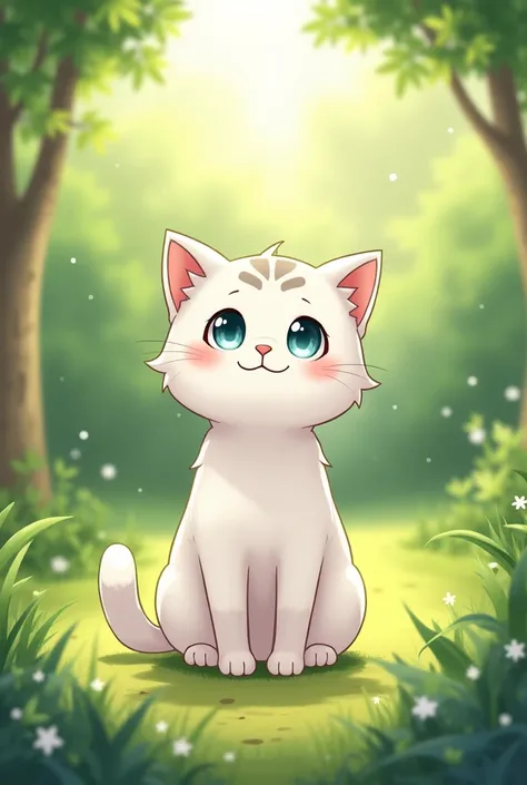 A scene of a white calico cat relaxing in soft sunlight。The coat is mainly white.、The head has an oval pattern。Cat sitting、Align the front legs、Staring straight at me。In the background is a green garden.、The sunlight filtering through the trees gently hits...