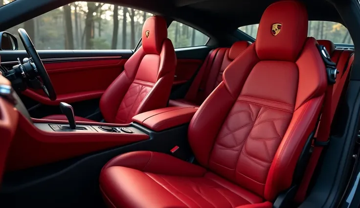 "Luxury interior of the Porsche 911 SUV with rich red leather seats featuring diamond stitching. The seats are plush and spacious, with a Porsche 911 SUV ambiance, equipped with an armrest that has controls. Elegant chrome accents enhance the modern aesthe...