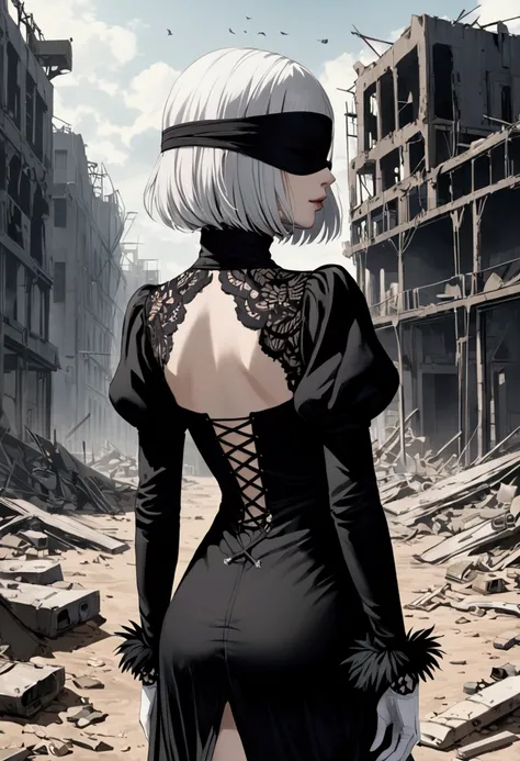 (masterpiece, best quality, detailed:1.4), 2B Nier Automata, 1girl, yorha no. 2 type b, solo, bob cut, white hair, parted lips, lips, lifelike, long sleeves, juliet sleeves, white gloves, turtleneck, bangs, feather trim, feather-trimmed sleeves, blindfold,...