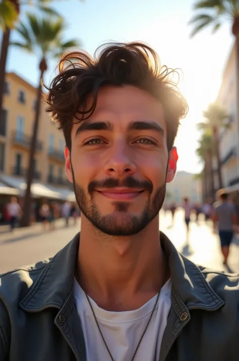 1.	Selfie:
A 20-year-old Spaniard with brown eyes and brown, slightly disheveled hair stands outside and takes a selfie. He wears a well-groomed three-day beard, which gives his face a casual, but gives charming expression. The background shows a busy stre...