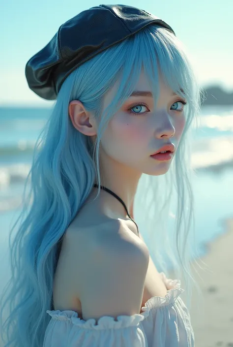  very white, small blue eyes, long light blue hair, pink mouth, small lips, beach location,  with black cap.

