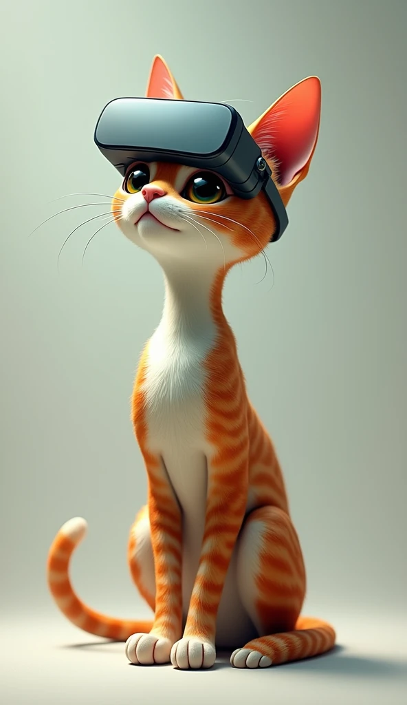 A huge human-shaped cat with virtual glasses on its head and its eyes visible, looking around curiously and happily, as if it was still remembering its adventures.