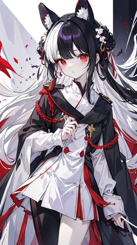 Black Bear，Two-tone hair，The right half is white hair，The left half has black hair，There is a white V in the middle of the hair，Red eyes，slim figure，purple military uniform，Black shawl，white collar， Animal ears, 