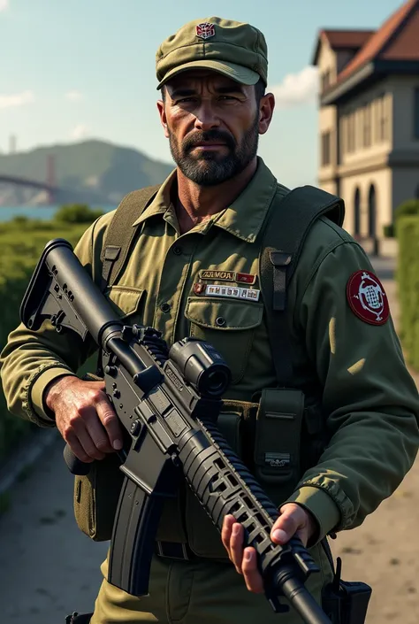 captain price holding M16 with the name written  on the back garden  white in Alcatraz 