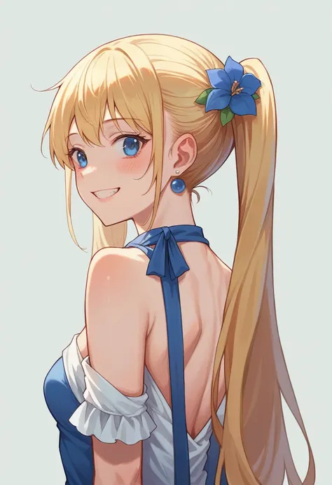 One girl, solo, High resolution, Long Hair, chest, Look at, Blushing, smile, blue eyes, Blonde, Simple Background, ribbon, Twin tails, accessories, とてもLong Hair, Earrings, teeth, Hair Flower, Rear view, Best Quality, High resolution, Nikon, Aperture F1.2, ...